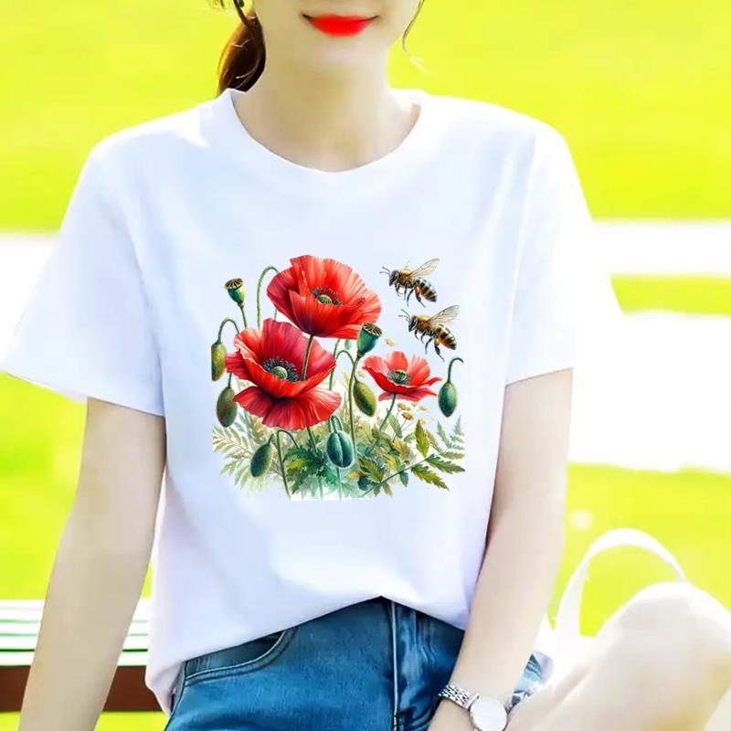 花朵气质T恤休闲圆领爆款韩版网红女INS印花打底衫短袖通勤上衣