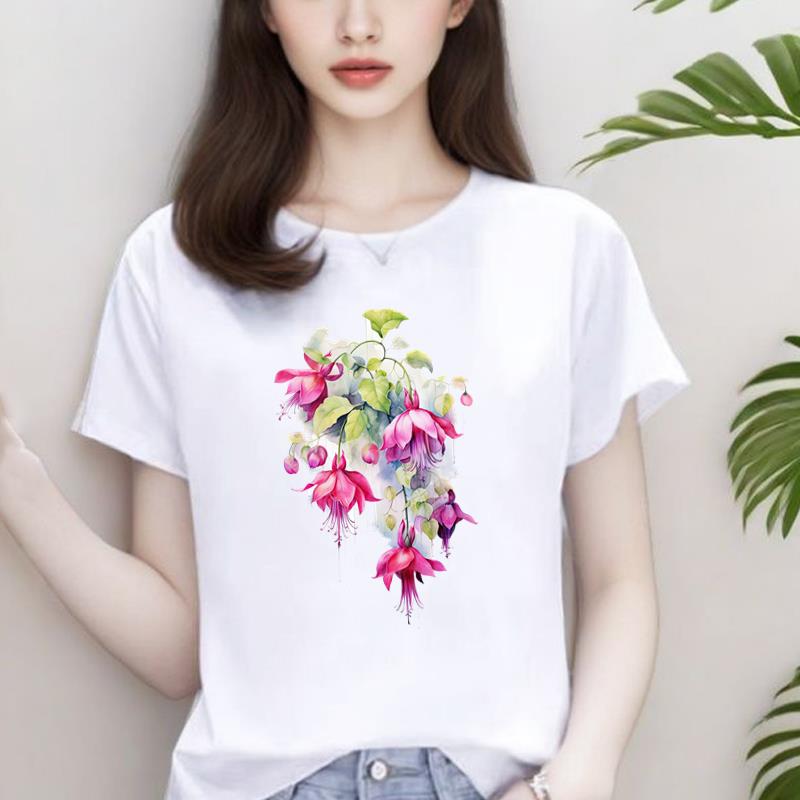 花朵可爱爆款韩版网红女INS印花打底衫短袖T恤休闲圆领通勤上衣