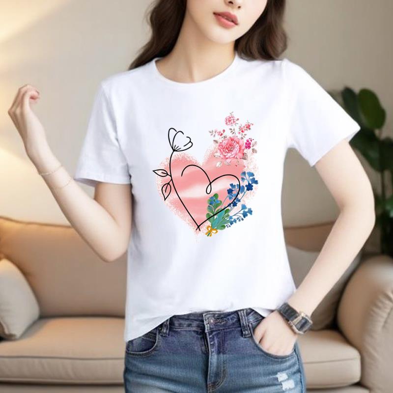 上衣爆款韩版网红女INS印花休闲圆领通勤打底衫心形花卉短袖T恤