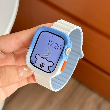 适用苹果iwatch9手表表带新款保护壳撞色applewatch s9表带s8/7/6/5代se手表带女款磁吸硅胶夏天季创意高级感
