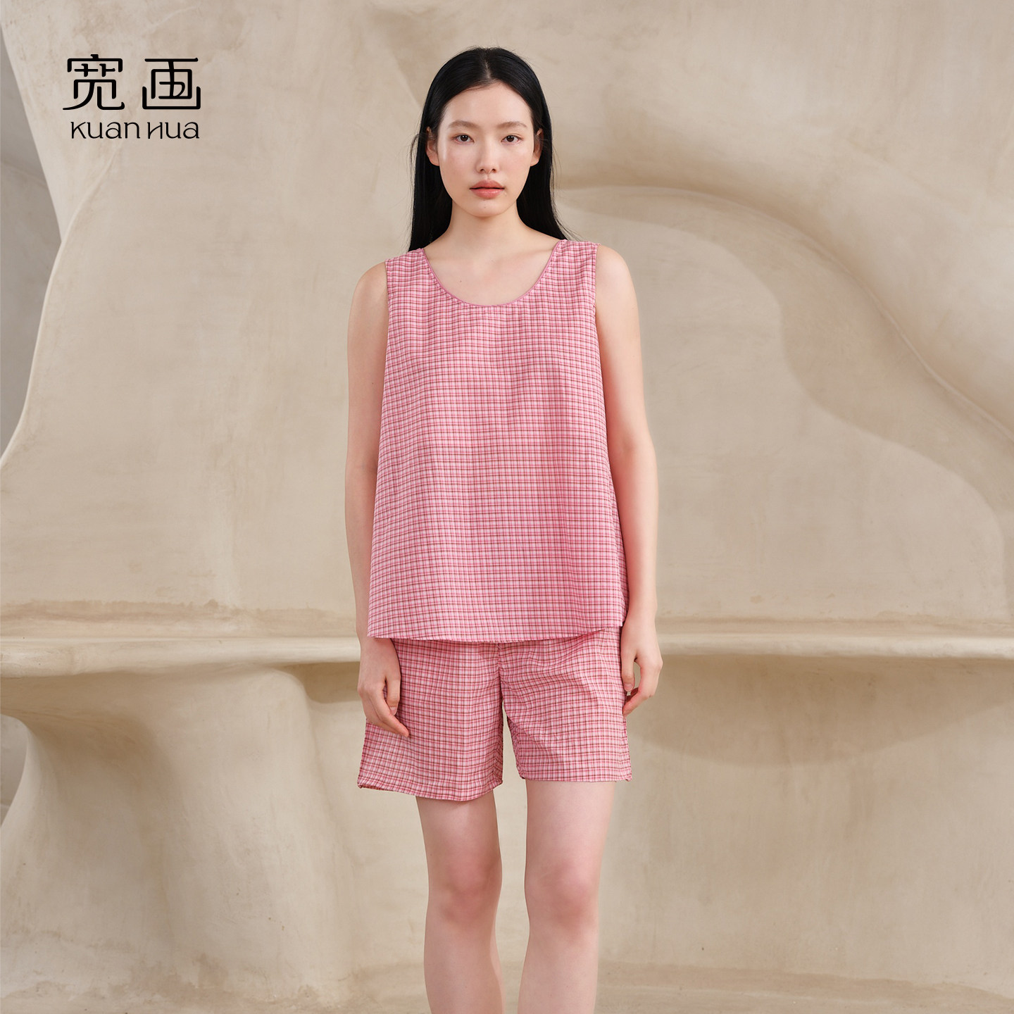 宽画夏季薄款格纹无袖女睡衣套装