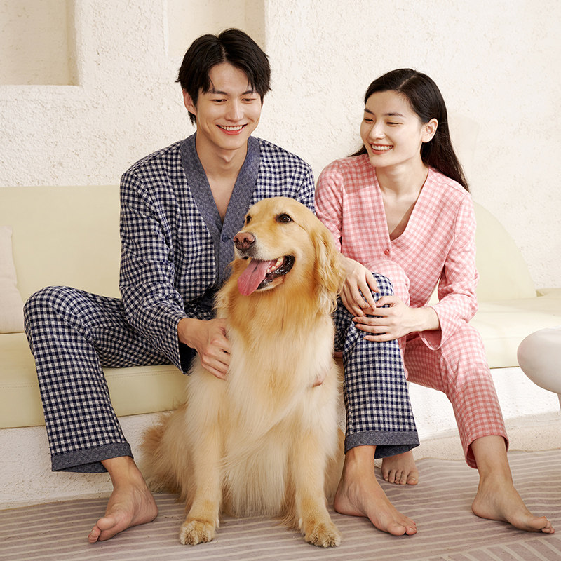 宽画V领格子情侣睡衣女春秋长袖休闲舒适纯季家居服套装男款宽松