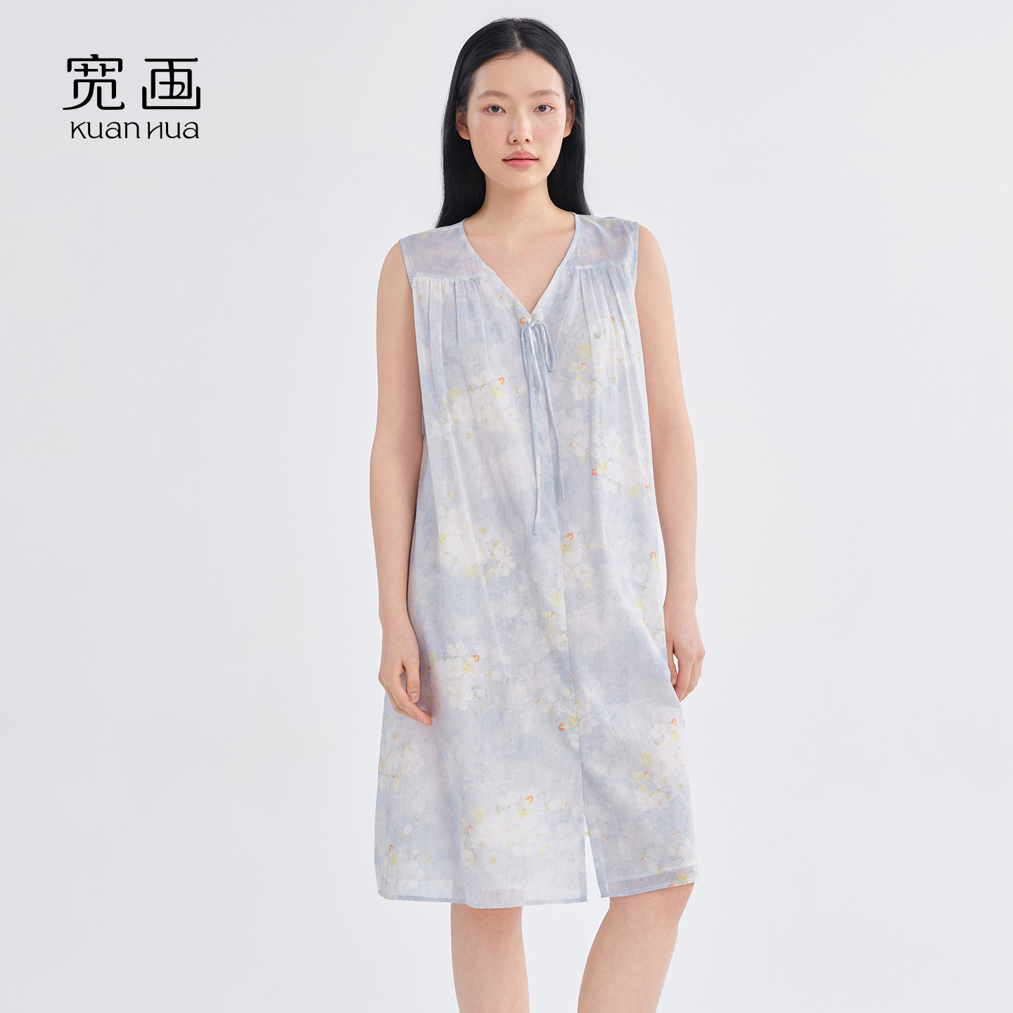 宽画夏季女碎花V领无袖睡衣套装