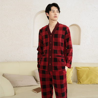 宽画红黑格男士家居服针织棉睡衣