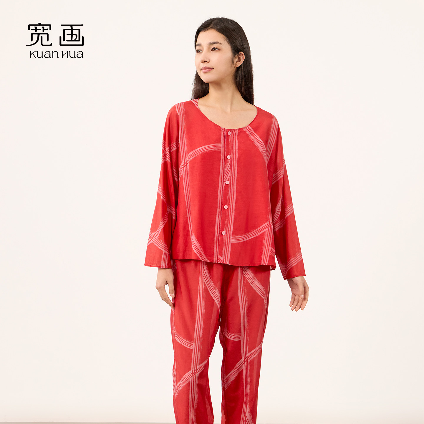 宽画【线构东方】桑蚕丝睡衣透气轻薄舒适养肤新年礼家居服套装女