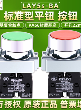 德力西按钮开关自复位平头LAY5S启动圆形1常开1常闭金属红色绿色