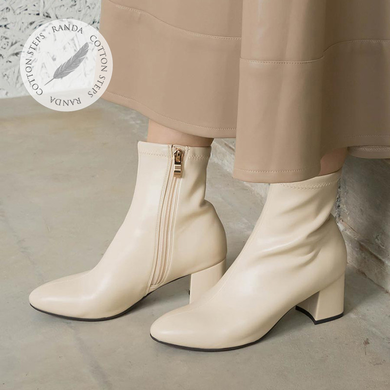 正品清仓randa秋冬cotton侧拉链圆头粗跟短靴美腿弹力女靴kc09579