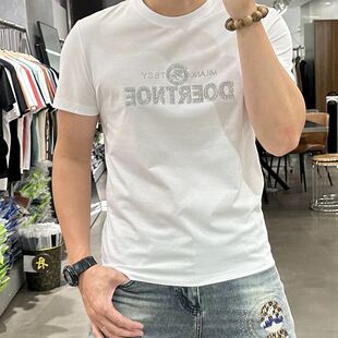 夏季男士短袖t恤新款潮流烫钻字母印花上衣修身圆领体恤帅气衣服