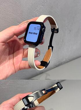 适用苹果手表带Applewatch8910皮质细款瘦身磁吸扣iwatch76se百搭