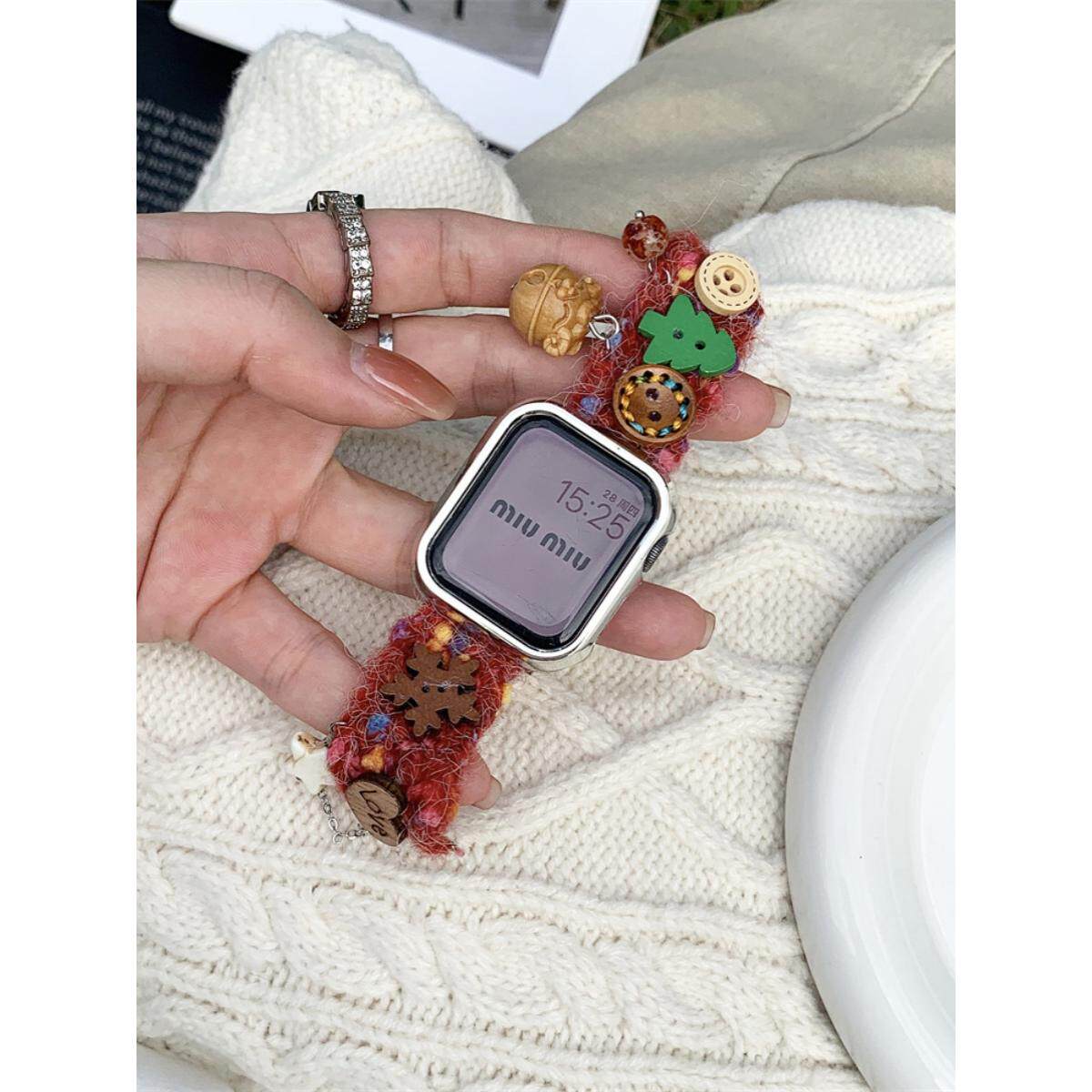 姜饼人秋冬限定创意纽扣毛绒表带适于s10苹果手表带iwatch98765SE