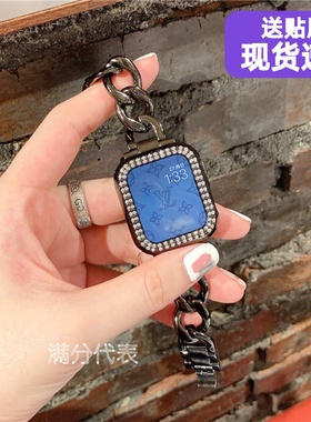 适用iWatch789苹果10手表带applewatch2345代链条金属牛仔小香6se