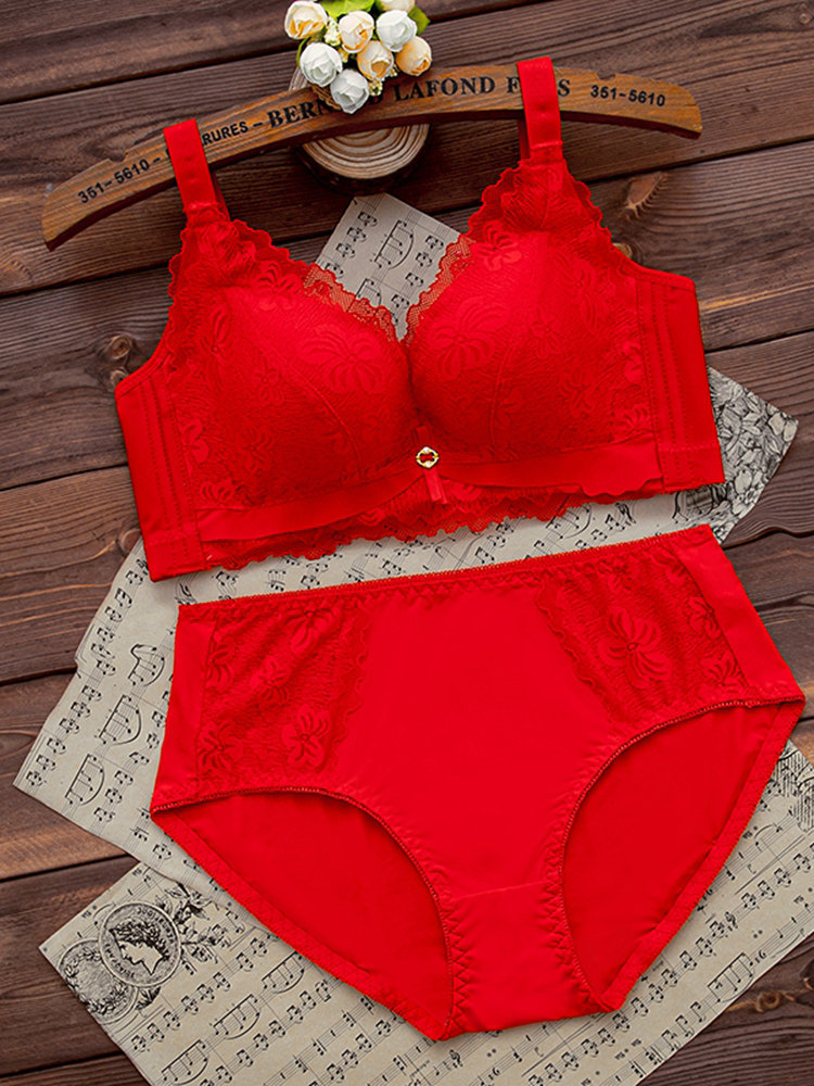 新婚红色内衣套装结婚新娘女士胸罩内裤组合一套无钢圈文胸女聚拢