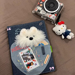 可爱毛绒小狗牛仔卡册三寸拍立得A5四宫格收纳册活页卡diy相册本