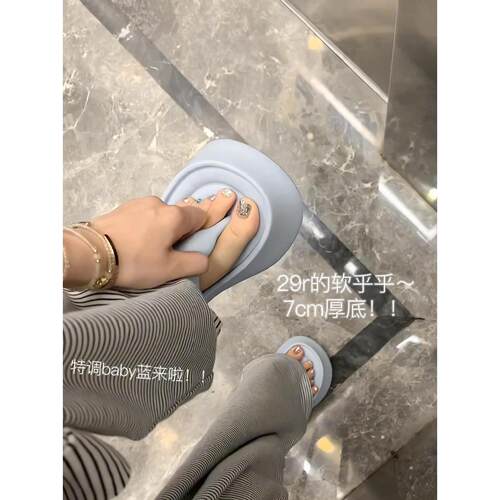 蓝色厚底人字拖鞋女夏外穿增高夹脚防滑防臭海边沙滩凉拖鞋2025新