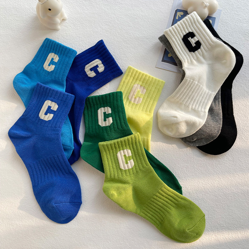 袜子女字母C短筒袜夏季薄款纯色个性百搭运动袜ins潮绿色系中筒袜