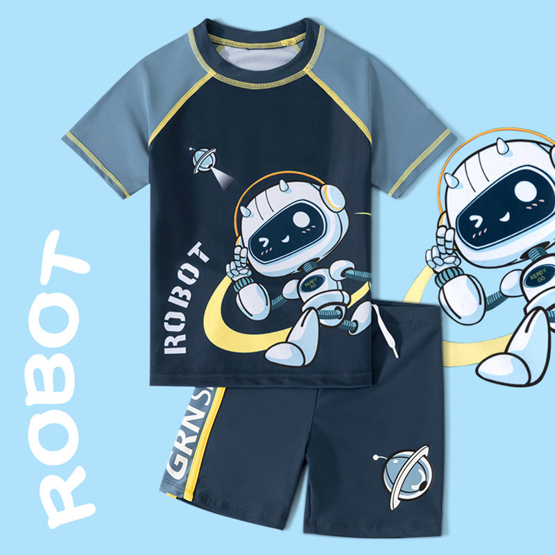 儿童泳衣男童短袖短裤游泳衣服套装中大童分体泳装速干防晒沙滩裤