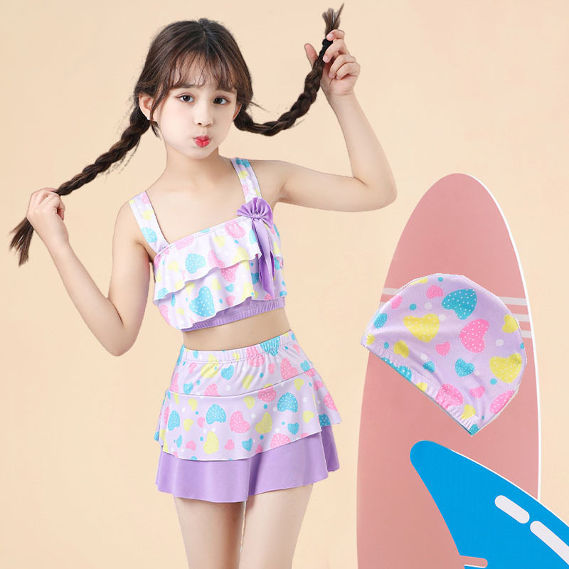 女童泳衣分体裙式防晒保守中大童学生可爱游泳衣网红专业训练泳装