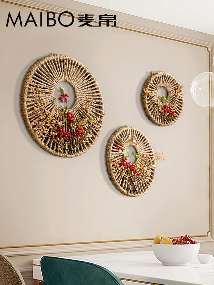中式藤编圆形壁饰墙上禅意挂件客厅背景墙墙面麻绳壁挂挂饰装饰品