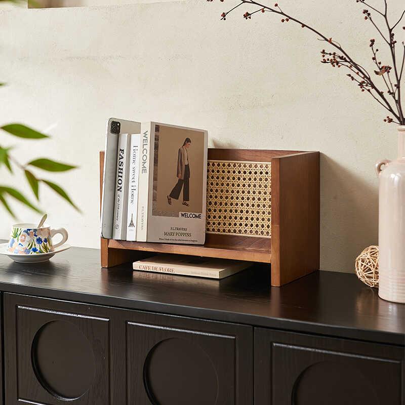 北欧创意侘寂风小型书架家用落地杂志架桌面书报藤编收纳架子