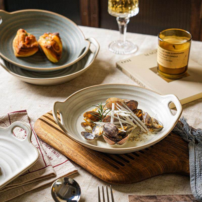 舍里手作复古粗陶双耳螺纹高颜值餐具2025新款耐高温菜盘鱼盘家用,餐饮具,盘,淘宝优惠券,粉丝福利购,淘宝优惠卷