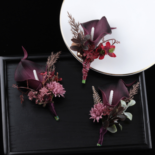 高级暗色调结婚胸花新娘新郎仿真马蹄莲婚礼伴郎襟花嘉宾西装佩花