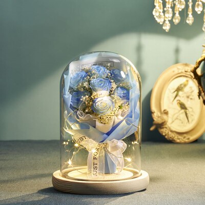 七夕情人节礼物碎冰蓝永生花送女友老婆浪漫玫瑰花玻璃罩仿真花束