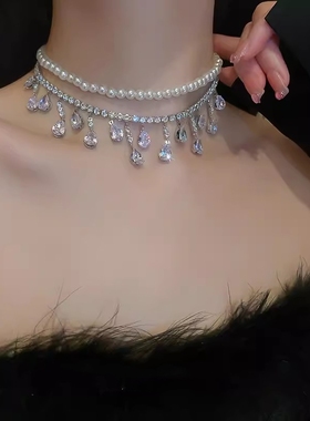 时尚气质巴洛克锆石珍珠镶钻水滴形吊坠项链设计感颈链锁骨链项饰
