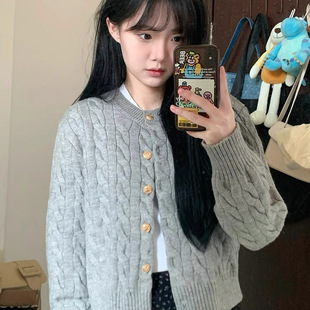 小个子绞花上衣灰色毛衣外套 女2025秋新款 学院风百搭短款 针织衫