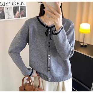 洋气上衣学院风蝴蝶结毛衣 外套女秋冬新款 小香风新款 花边针织开衫