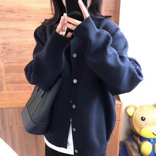 藏青色针织开衫 女秋宽松慵懒风别致休闲百搭高级感毛衣外套上衣