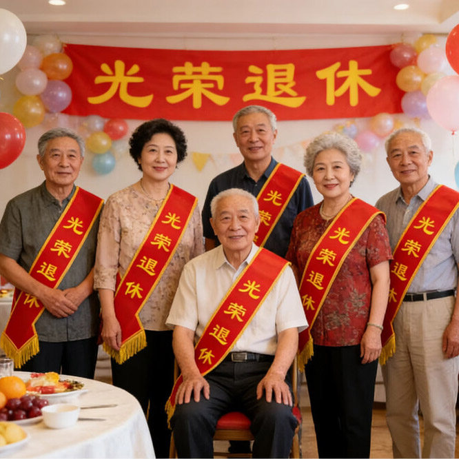 光荣退休绶带表彰颁奖礼仪带老年庆典定制高档肩带仪式感布置欢送会老师领导同事荣誉大红花表彰同事佩戴胸花图片