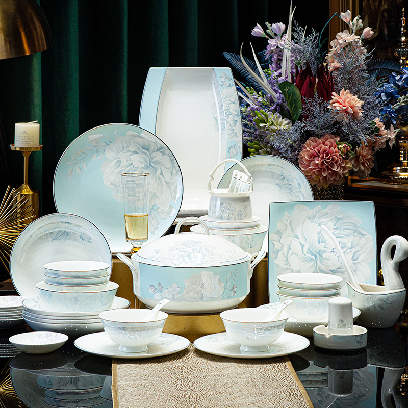 景德镇骨瓷月光曲碗碟套装