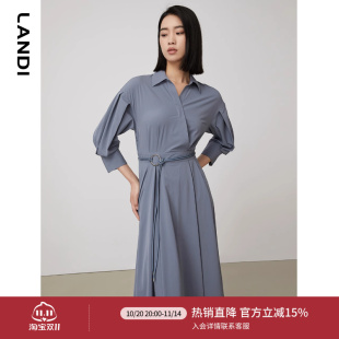 收腰连衣裙女高级感中长裙秋新品 LANDI设计感法式 小众灯笼袖