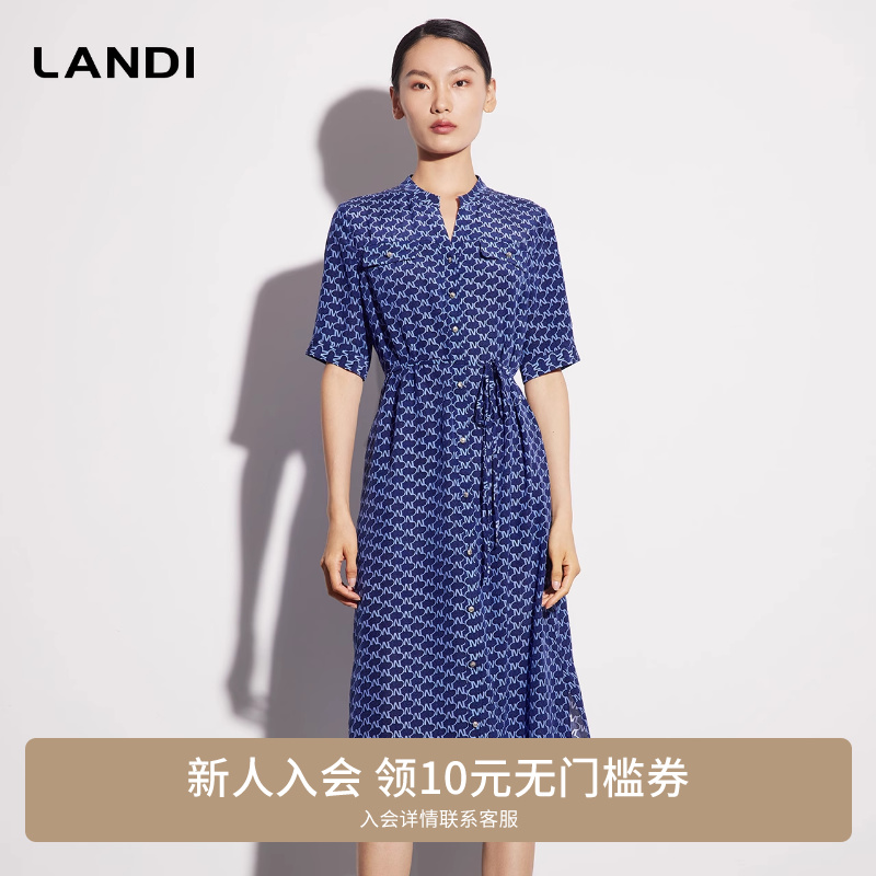 休闲气质真丝印花衬衫式连衣裙