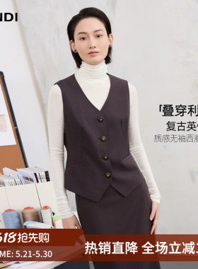 LANDI复古英伦风灰紫色通勤收腰叠穿无袖西服马甲女春新品