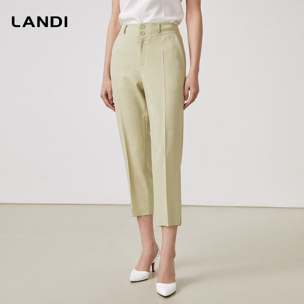 LANDI浅绿色轻商务高腰修身直筒西装裤女薄款九分裤夏新品