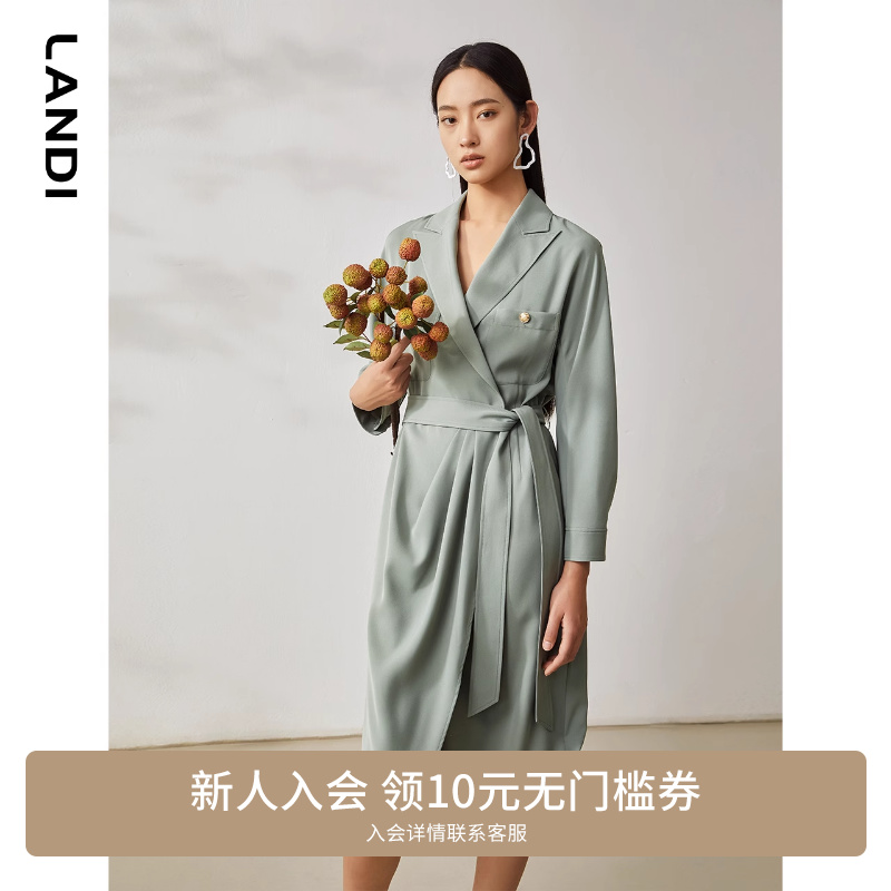 LANDI新款西装领系带中长款垂感连衣裙女设计感小众裙子春夏