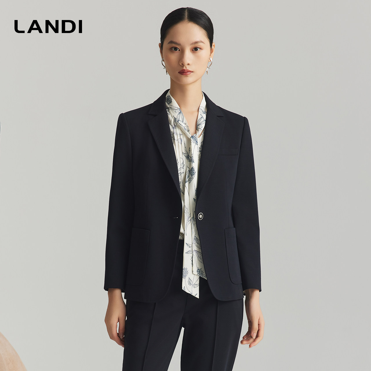 LANDI藏蓝色莱赛尔羊毛西装外套