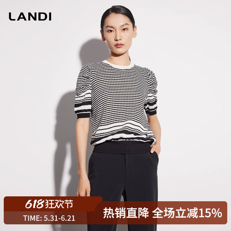 LANDI圆领黑白条纹泡泡短袖螺纹套头针织衫女薄款小衫夏新品