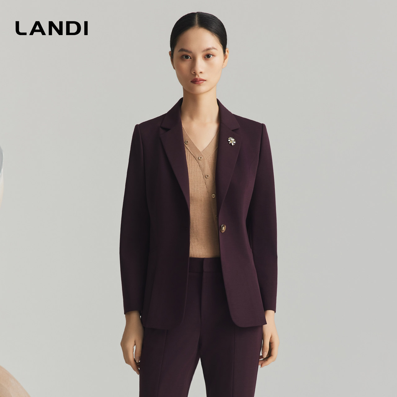 LANDI玫紫色莱赛尔羊毛西装外套