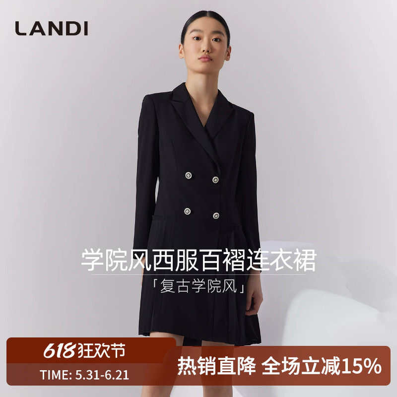 黑色学院风西装百褶连衣裙
