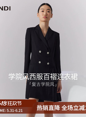 [轻职场小黑裙]LANDI黑色学院风西装百褶连衣裙女短款秋新品