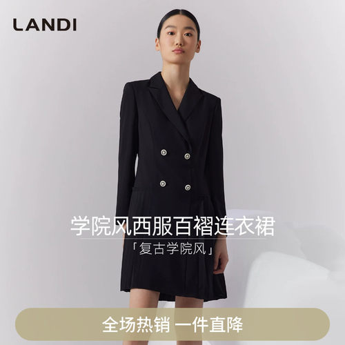 黑色学院风西装百褶连衣裙