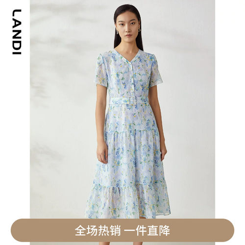 LANDI夏季新款浅蓝色印花连衣裙中长裙薄款v领