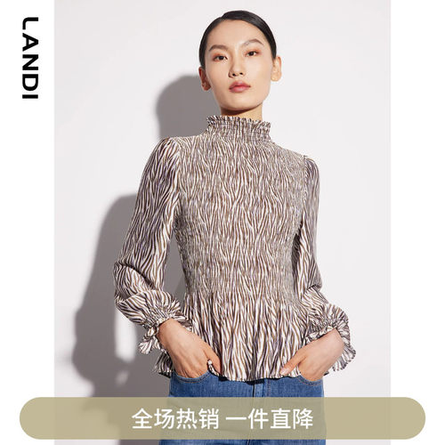 优雅半高领印花压褶衬衫