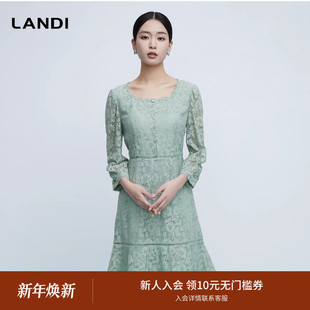 短裙春新品 LANDI法式 典雅气质蕾丝低圆领连衣裙女收腰七分袖