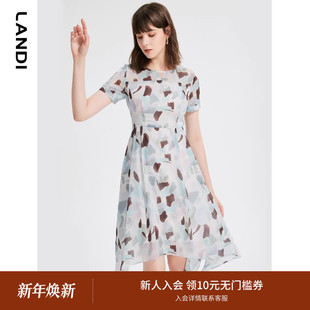 LANDI夏季 撞色碎花印花不规则下摆连衣裙女中长裙子 新款