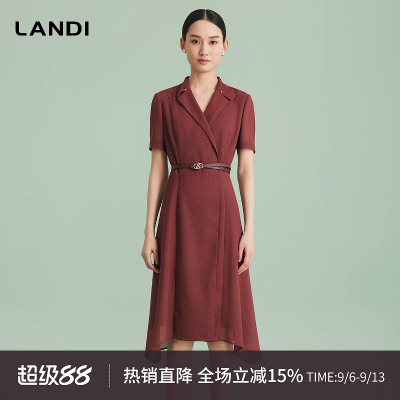 LANDI蓝地波尔多红优雅气质西装领通勤收腰短袖连衣裙女夏新品