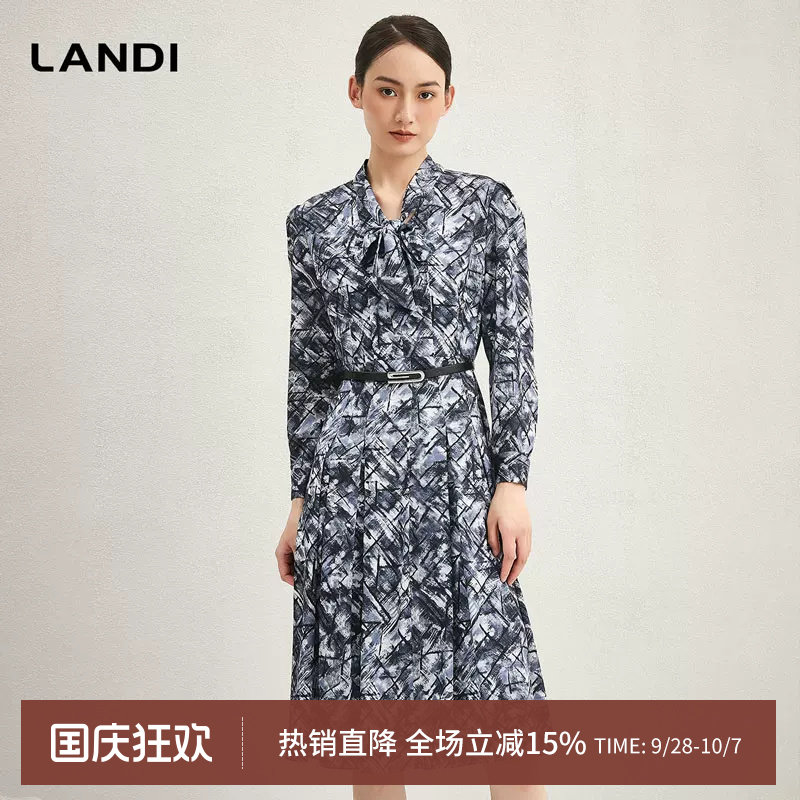 印花系带领通勤收腰连衣裙