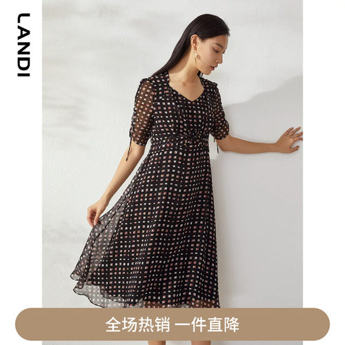 黑色几何印花抽绳连衣裙